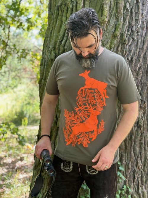 Jagd Mode Jägerinnen Jäger bio Baumwolle Print Hirsch t-shirt oliv Khaki